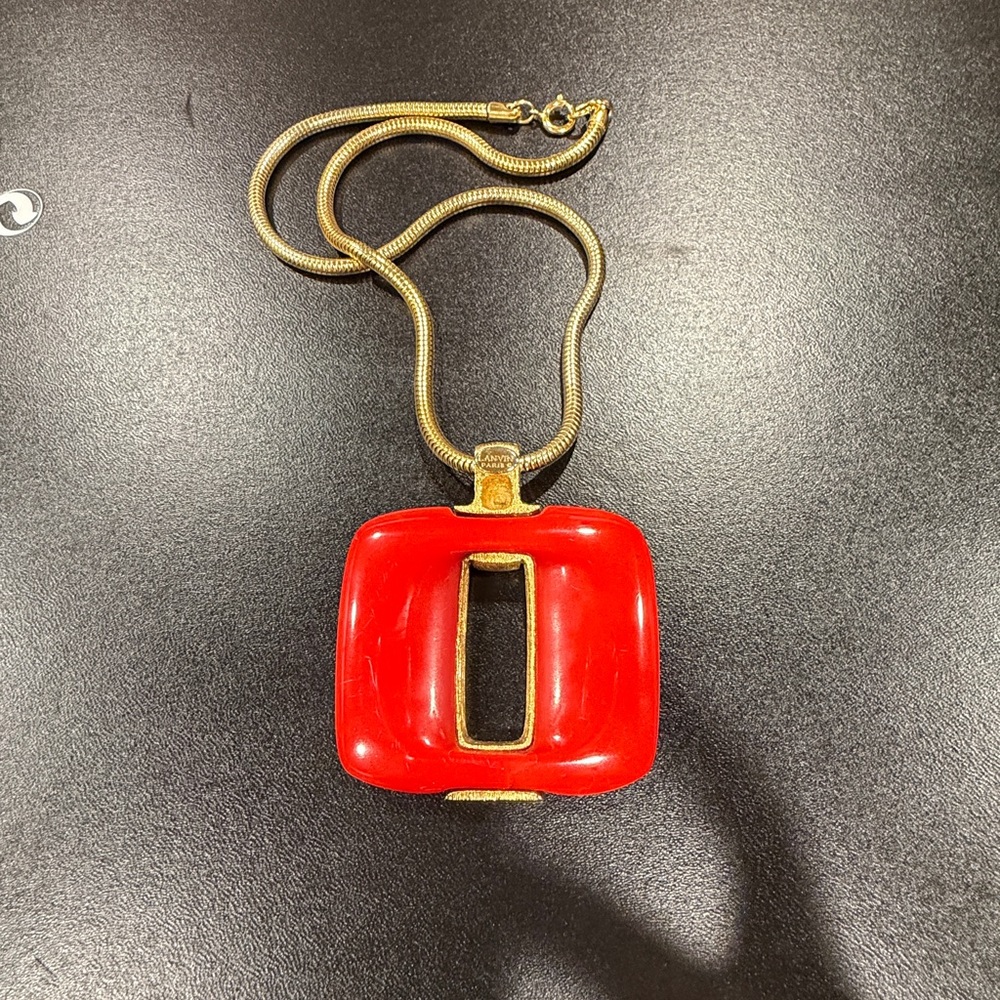 LANVIN Vintage 1970s Gold Plated and Red Pendant Keyhole Necklace w/ Snake Chain - Picture 2 of 10